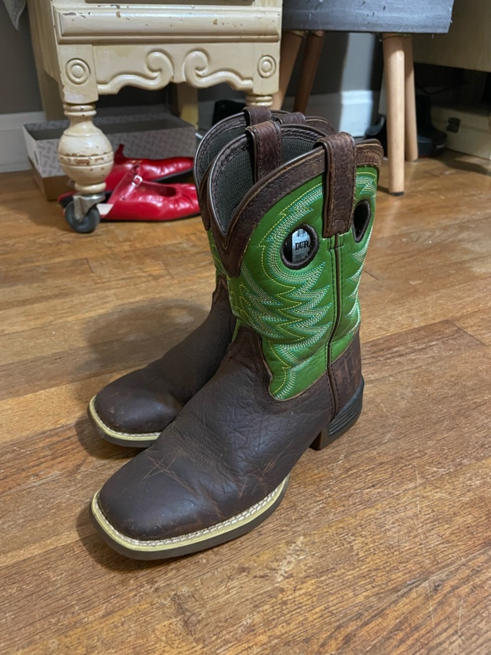 Durango Brown Leather Kids' Western Boots with Green Accents